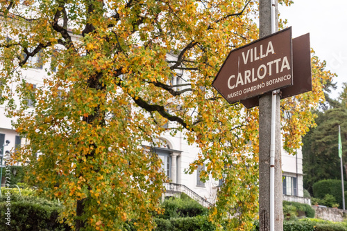 TREMEZZO, ITALY - OCTOBER 02,2023 - Street sign of villa Carlotta at lake Como photo