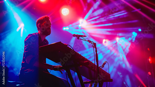 live music photography, capturing a dynamic musician mid-solo on a stage 