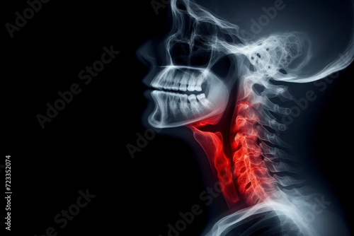 side view X-ray of the throat with visible airway red color damage on solid black background. ai generative