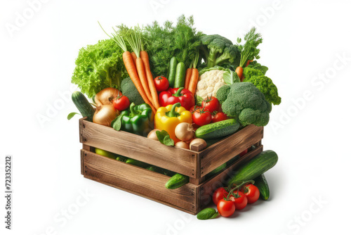 wooden box with fresh vegetables isolated on solid white background. ai generative
