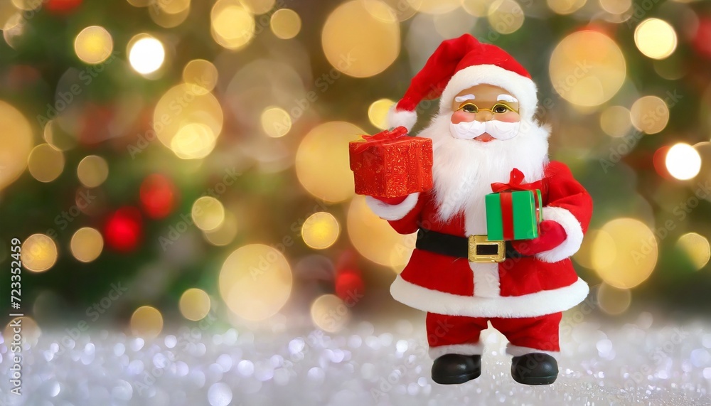 cute toy santa claus holding a gift box standing in front of the merry christmas lighting background with lighting decoration blur background