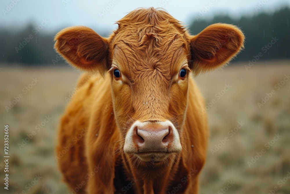 A peaceful bovine stands gracefully in a lush green pasture, showcasing the beauty and serenity of farm life A peaceful bovine stands gracefully in a lush green pasture, showcasing the beauty and serenity of farm life
