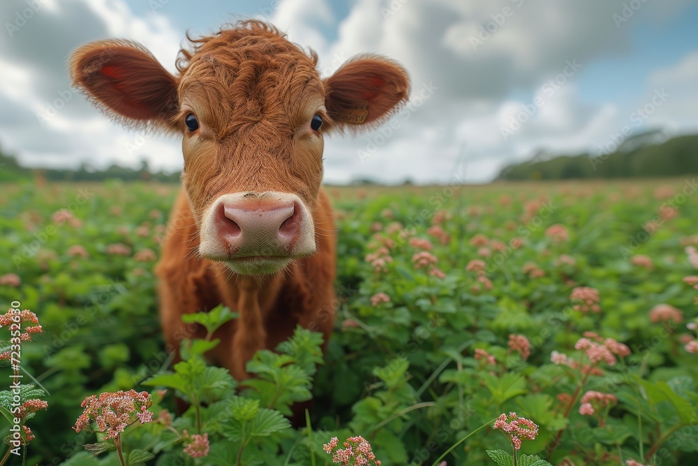 A majestic dairy cow gazes into the vast open sky, surrounded by a lush field of vibrant green plants and flowers, embodying the essence of farm life and the peaceful harmony of nature