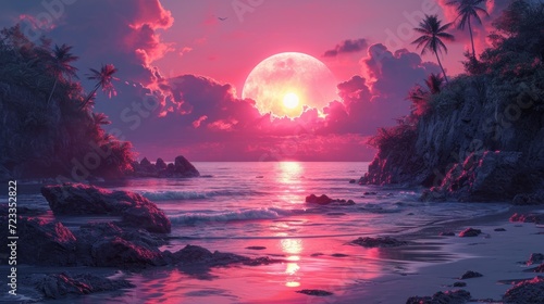  a painting of a sunset over the ocean with palm trees and a full moon in the sky above the water and rocks on the beach and in the foreground.