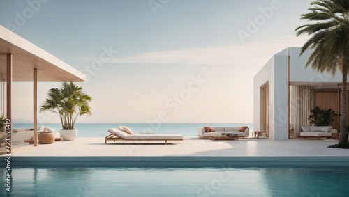 Minimalist ocean apartment paradise with a sleek and modern design background. Fashion, design and lifestyle concept. Copy space. © Milutinovic