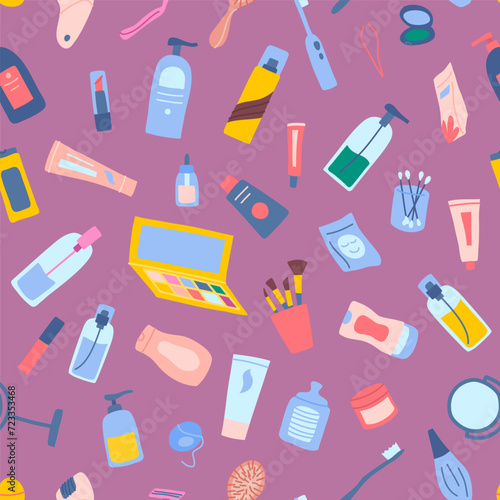 Vector makeup and skincare tubes, jars pattern. Seamless background with serums, makeup pallets, shampoo tubes and deodorants. Brushes, beauty products, cotton pads and bottles of cream illustration