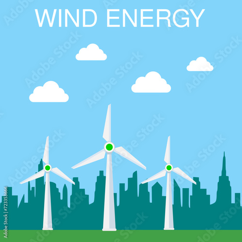 Wind power plant and factory. Wind turbines. Green energy industrial concept. Vector illustration in flat style. Renewable energy sources.