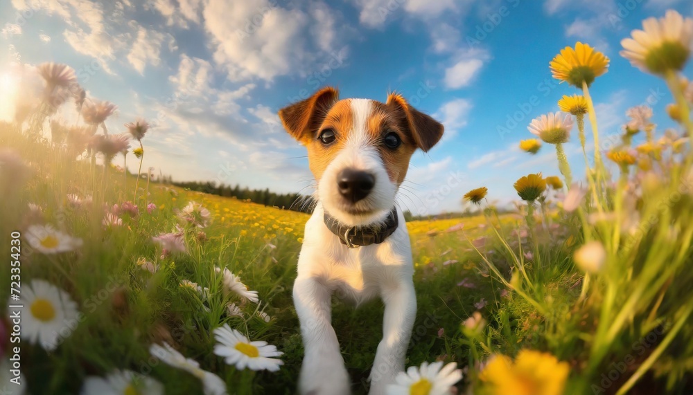 jack russell terrier puppy in flower field