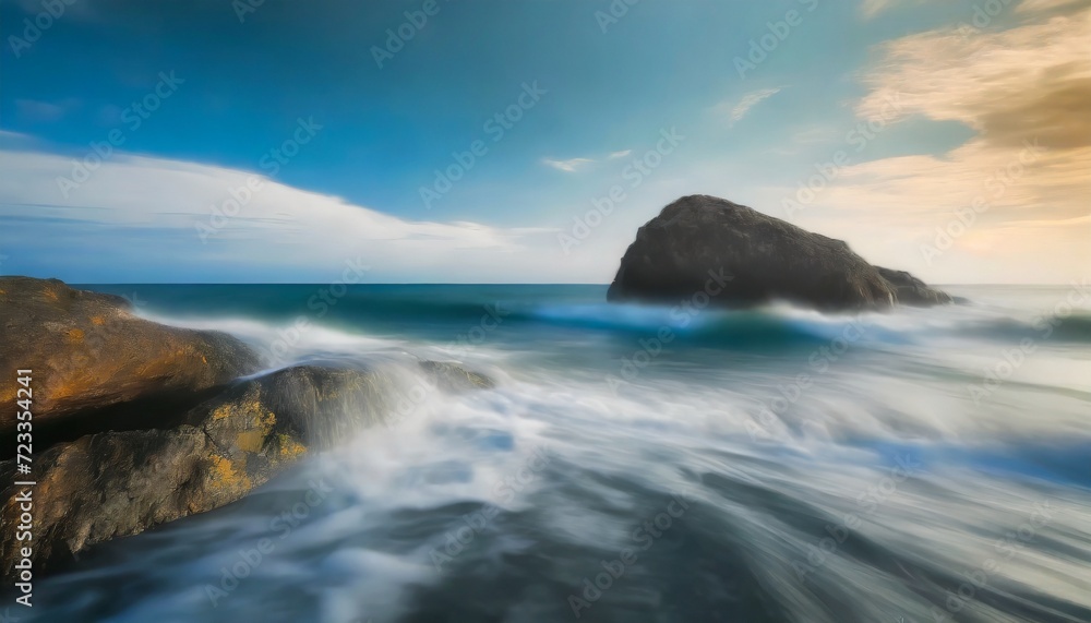 long exposure of sea wave with rock