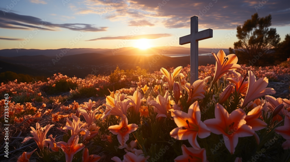 Lilies Easter sunrise cross background image. Christ is risen desktop