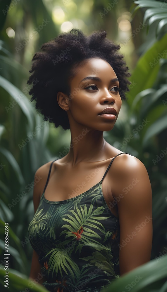 A beautiful black African model posing amid tropical vegetation A beautiful black African model posing amid tropical vegetation