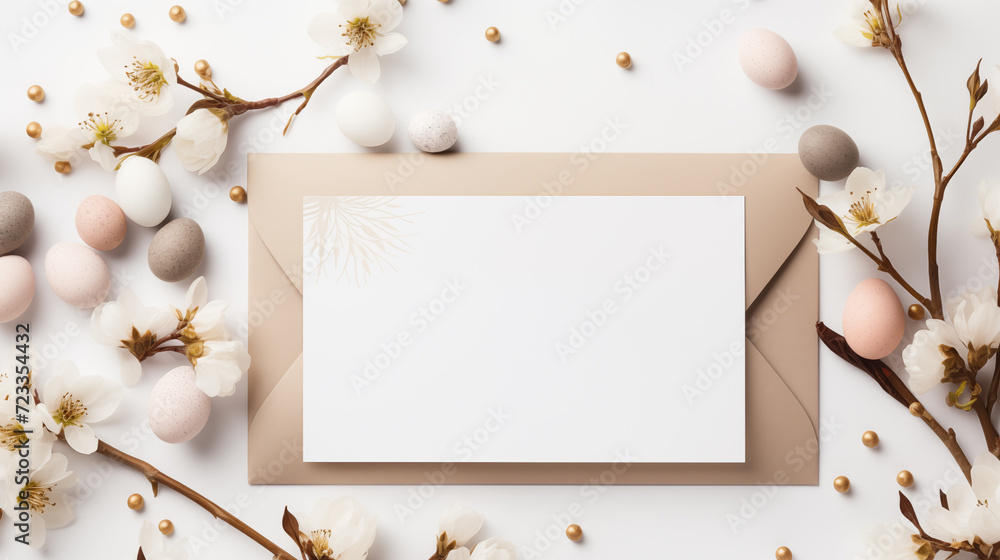 Modern Easter gathering paper card mock up. Cherry branches, dyed eggs. Eastertide blank invitation mockup with blank space. Festive spring concept composition top view, border picture