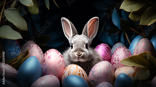 Easter bunny traditional background image. Eastertide celebration desktop wallpaper picture. Festive springtime photo backdrop. Happy eastertime concept composition front view photo