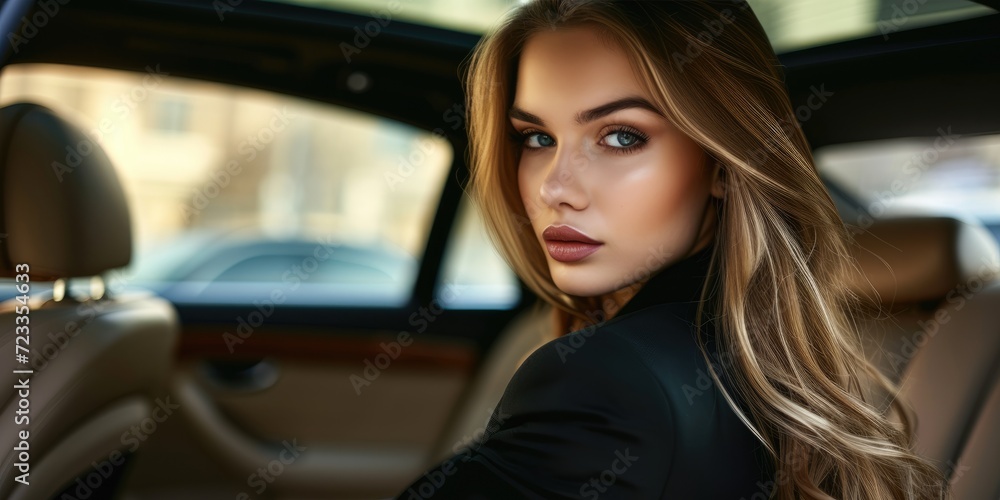 A business woman is sitting on the back seat of a luxury car A business woman is sitting on the back seat of a luxury car