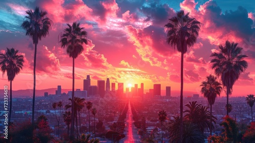  a sunset with palm trees in the foreground and a cityscape in the background in the foreground, with a red and blue sky filled with clouds.