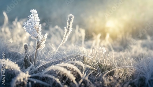 abstract natural background from frozen plant covered with hoarfrost or rime photo