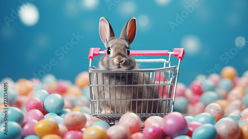 Bunny shopping trolley surrounded Easter eggs background image. Brown rabbit desktop wallpaper picture. Easter shopping photo backdrop. Paschal commercial concept composition front view