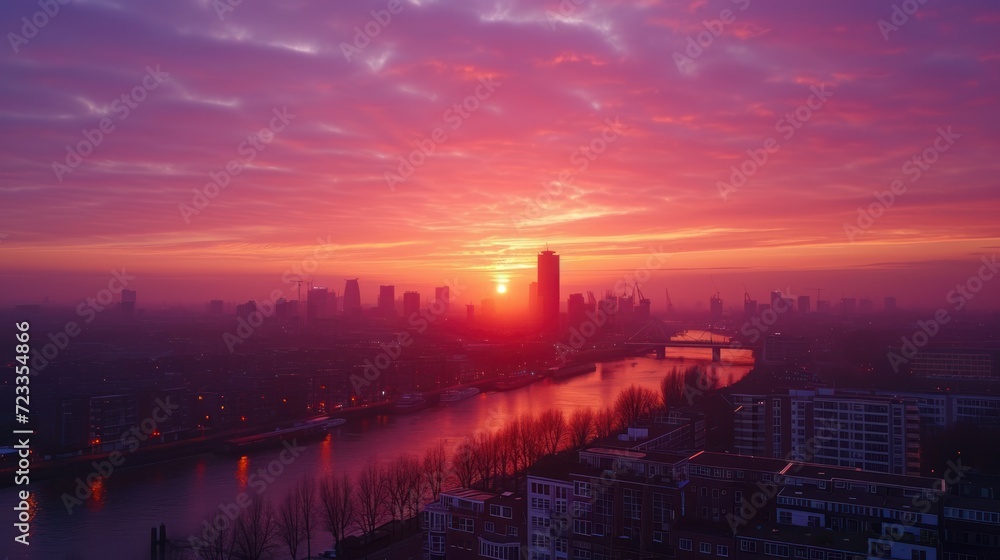 the sun is setting over a city with a river in the foreground and a bridge on the other side of the river in the foreground, and a few buildings on the other side of the river. the sun is setting over a city with a river in the foreground and a bridge on the other side of the river in the foreground, and a few buildings on the other side of the river.
