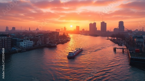  a boat traveling down a river in front of a large city at sunset with the sun setting behind the buildings on the other side of the river, and a boat in the foreground.