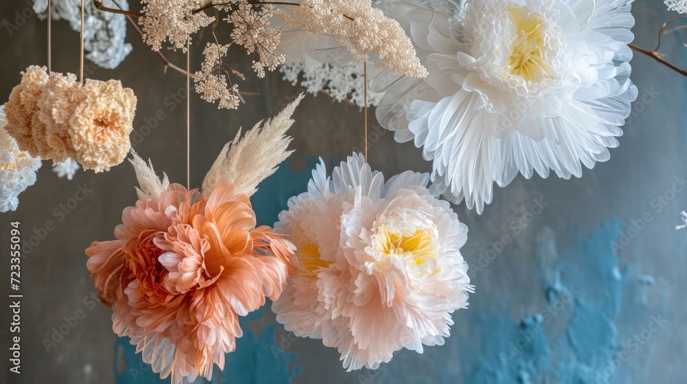  a bunch of white and pink flowers hanging from a string on a blue and gray wall behind a branch with white and pink flowers hanging from a twig and a twig.