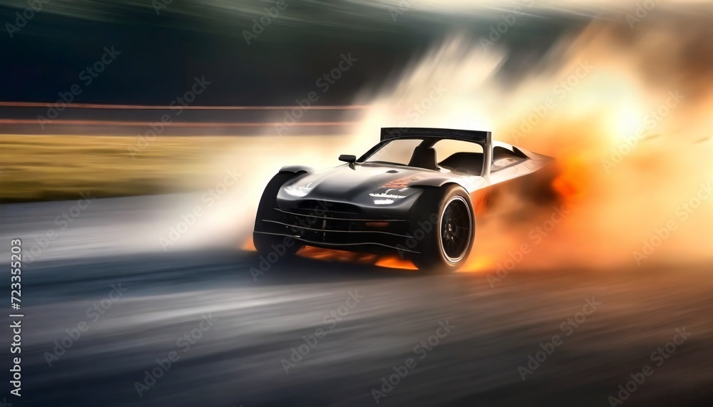 car drifting blurred image diffusion race drift car with lots of smoke from burning tires on speed track