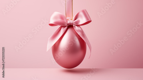 Pink glossy Easter hanging egg satin ribbon background image. Eastertide seasonal decor desktop wallpaper picture. Eastertime photo backdrop. Paschaltide concept composition front view
