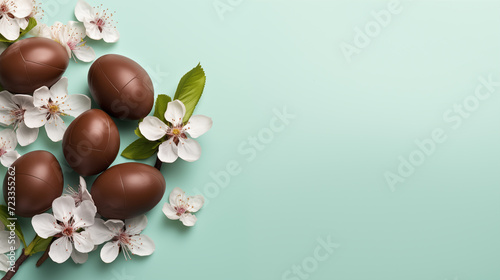 Solid chocolate eggs at Easter banner background copy space. Springtime festive. Eastertime floral image backdrop mint blue. Spring theme concept composition top view, copyspace