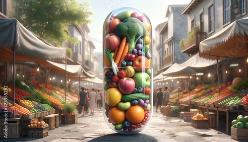 clear capsule overflowing with essential multivitamins and dietary supplements, surrounded by an array of colorful, fresh vegetables and fruits, symbolizing a health-conscious lifestyle choice. photo