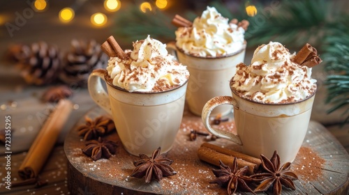  three mugs of hot chocolate with whipped cream, cinnamon and star anise on a wooden board next to a pine cone and a christmas tree with lights in the background.