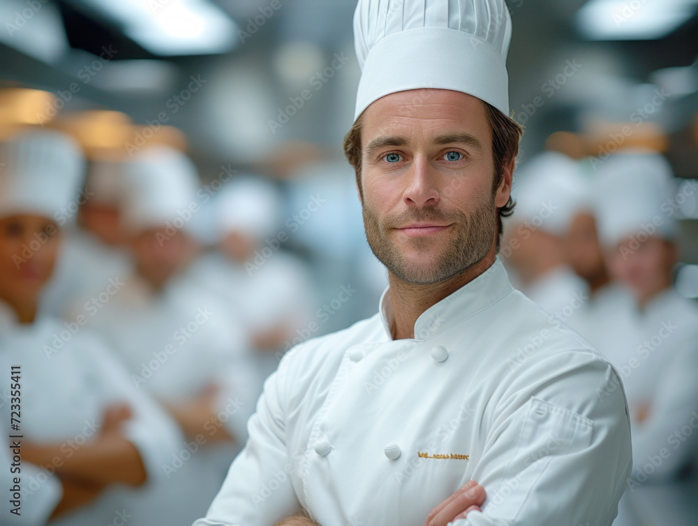Portrait of chef standing with his team on background in kitchen at restaurant