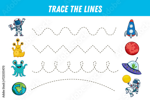 Tracing lines for kids. Cute cartoon astronaut, monster, ufo, rocket ,planet. Handwriting practice. Educational game for preschool kids. Activity page. Space elements. Vector illustration.