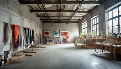 the inside of a warehouse converted into a creative art studio walls and floor made of concrete and cement clothing hung up on clothing racks against the wall neo expressionist paintings