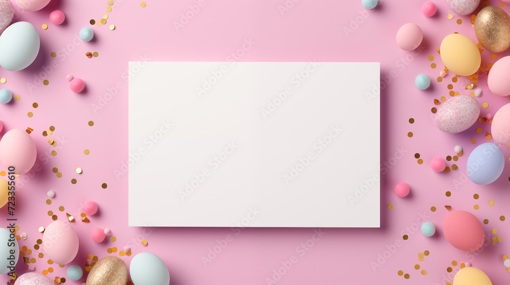 Pink childhood eggs hunt paper card mock up. Confetti golden Eastertide blank invitation mockup with blank space. Festive spring concept composition top view, border picture