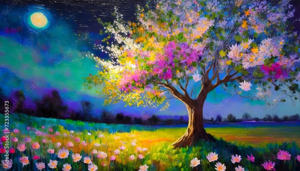 artistic digital oil painting of a spring tree with flowers at night impasto wall art for children s room modern art 
