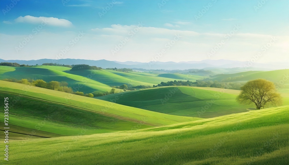 tranquil countryside landscape with rolling hills and farm fields cut out