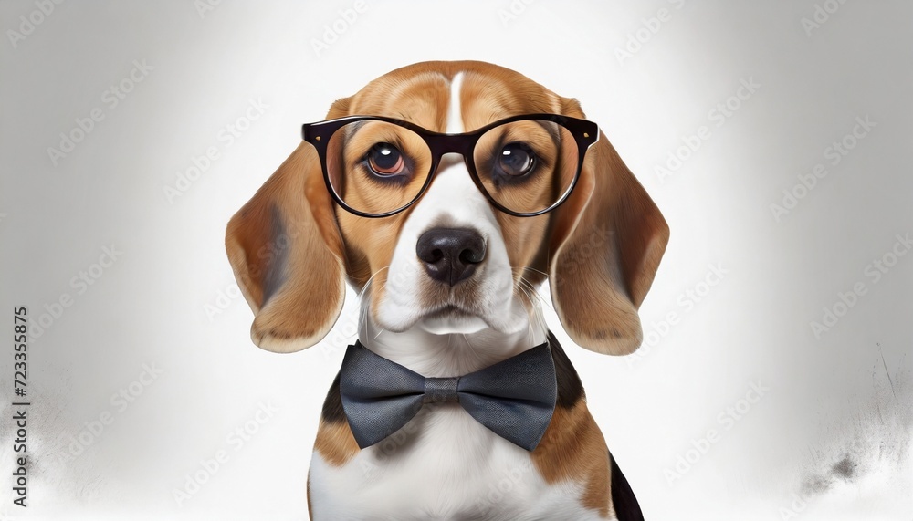 a beagle dog in a bow tie and glasses