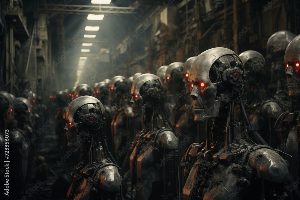 Fototapeta premium Roboter mit roten Augen, Darstellung von künstlicher Intelligenz und Robotik