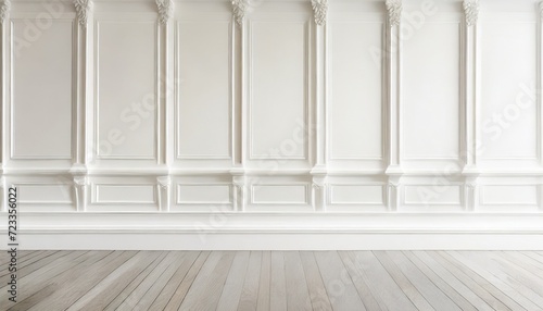 Fotografia close up of decorative moulding white baseboard in empty room with copy space