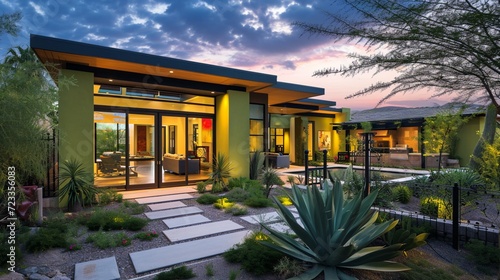 A forward-looking residence with a lime green exterior, featuring a streamlined backyard, a sophisticated wrought iron gate, under the calming early evening skies