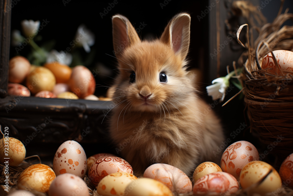 Osterhase mit vielen bunten Eiern, Hase versteckt Ostereier zwischen bunten Blumen, Glückliches Kanninchen - obrazy, fototapety, plakaty 