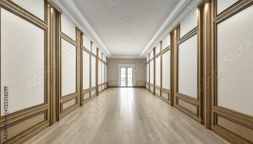 empty hallway with elegant wooden moulding panels on the wall