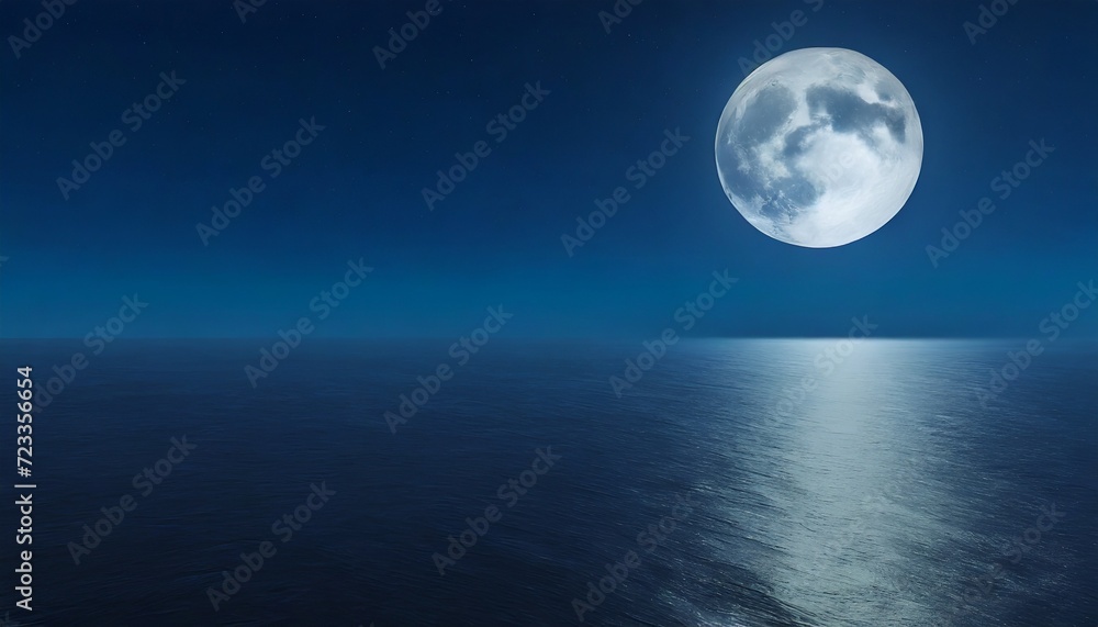 full moon rising over empty ocean at night with copy space