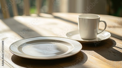  a close up of a plate on a table with a cup and saucer next to it on a wooden table with a wooden slatted surface with a bench in the background.