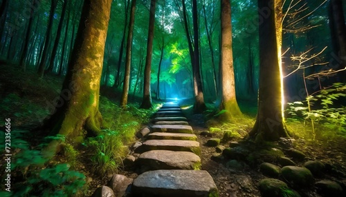 stone path through bioluminescent fantasy forest