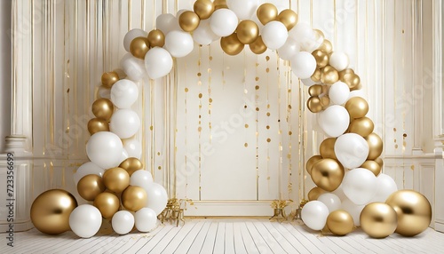 wedding arch made from balloon decoration elements for party birthday celebration pastel white and gold background with round spheres
