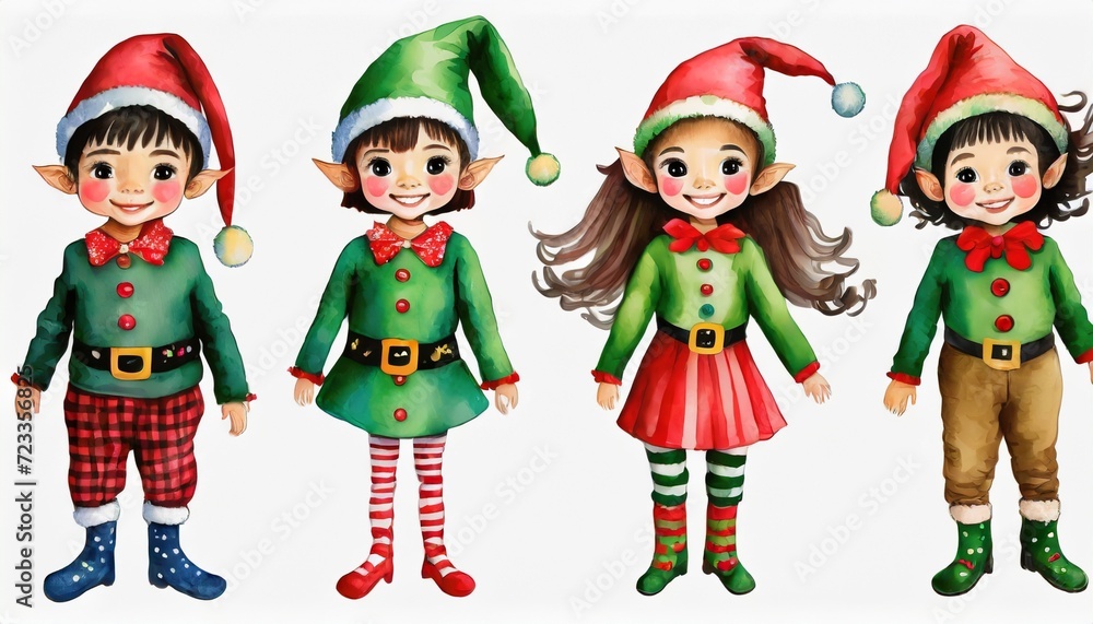 collection of cute cartoon christmas elves smiling little boys and girls in holiday costumes watercolor isolated clipart 