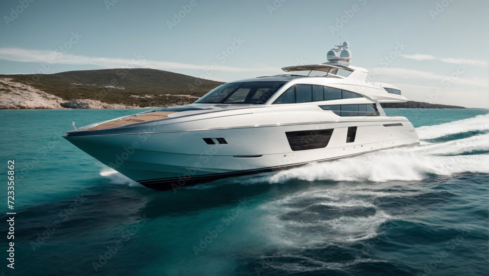 A sleek, modern yacht gliding through crystal clear waters. Wealthy and rich people lifestyle idea. Copy space.