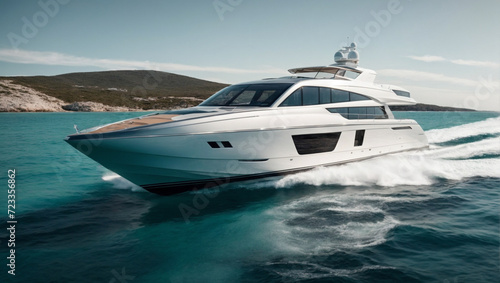 A sleek, modern yacht gliding through crystal clear waters. Wealthy and rich people lifestyle idea. Copy space.