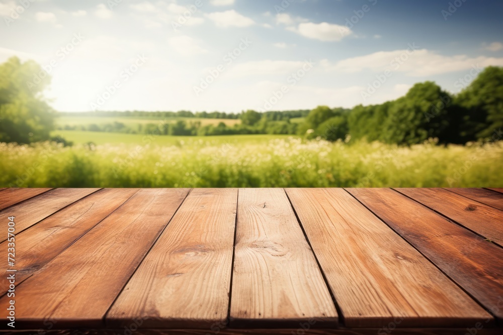 gray empty wooden table with summer in the background