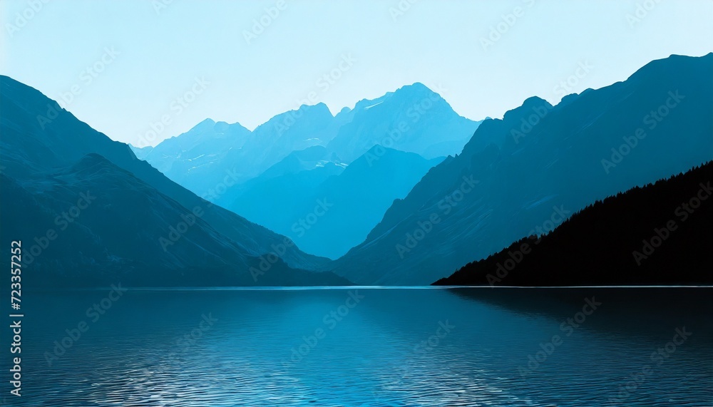 landscape view of the silhouettes of the mountains near the lake texture of plaster in monochrome blue tones
